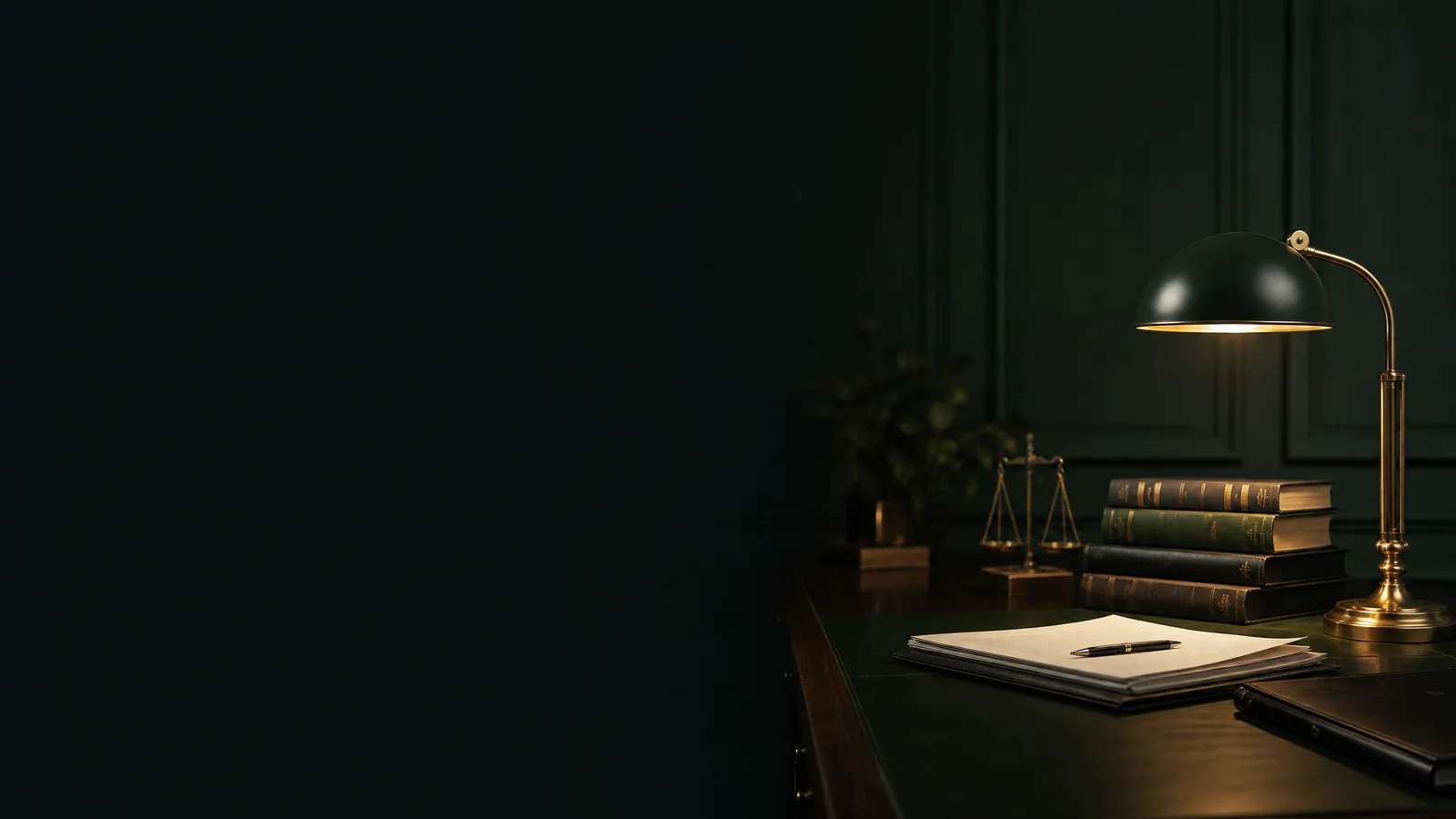 Brass desk lamp and legal books in a dark green law study